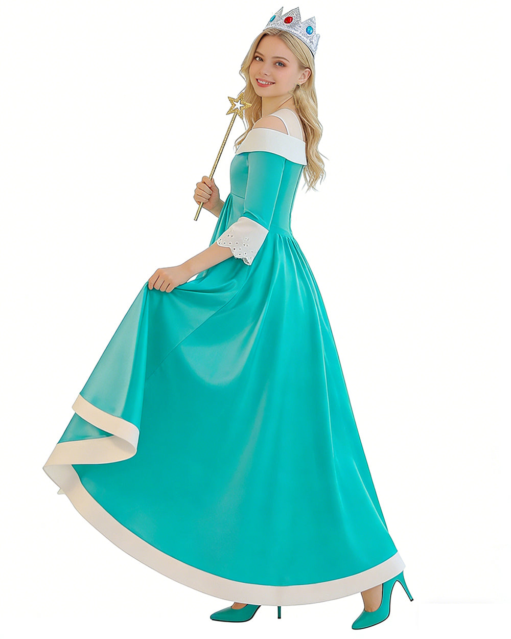 Rosalina Princess Costume Turquoise Satin Off-shoulder Ball Gown with Silver Star High Low Dress