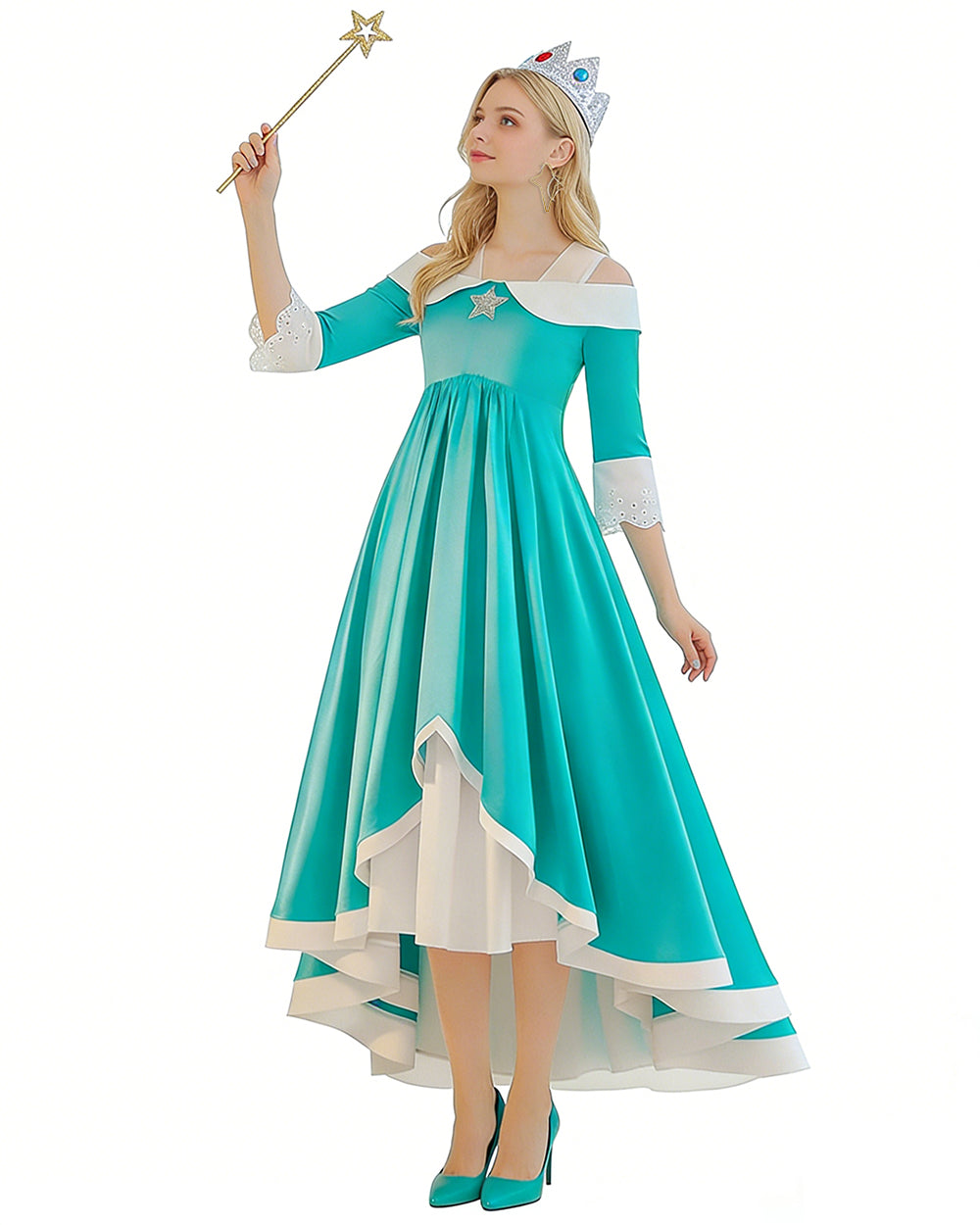 Rosalina Princess Costume Turquoise Satin Off-shoulder Ball Gown with Silver Star High Low Dress