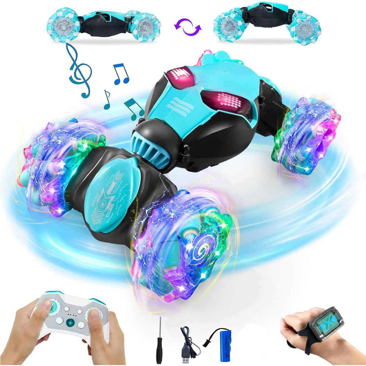 2.4G Twist RC Car 4WD Colorful Drift Car Transformable Stunt Car Dual Control With Smart Eyes