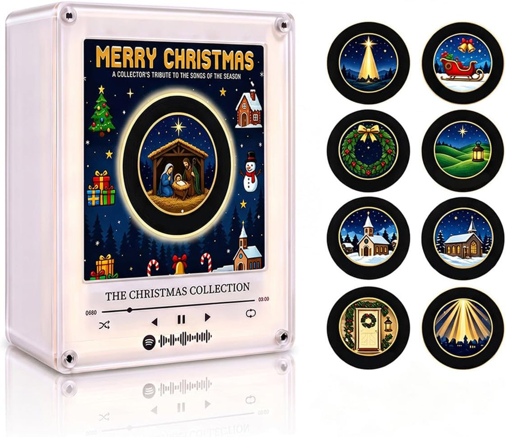 Christmas Mini Record Player NFC Magnetic Music Box with 9 Records and 360° LED Light