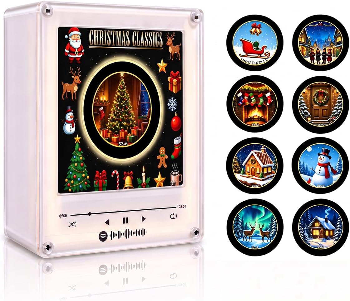 Christmas Mini Record Player NFC Magnetic Music Box with 9 Records and 360° LED Light