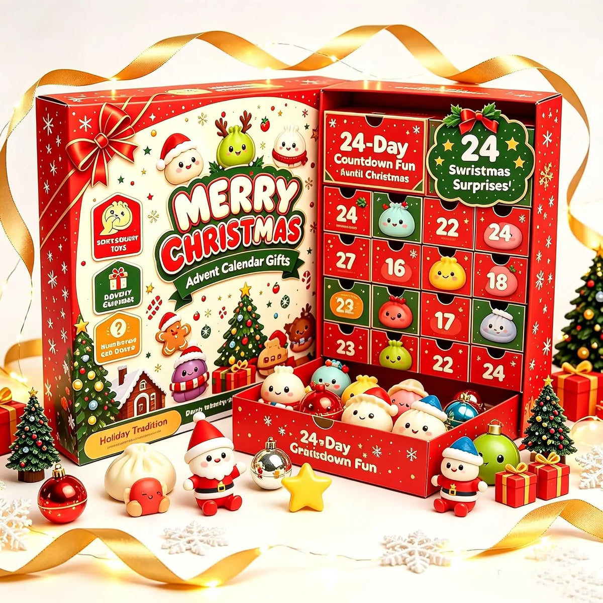 Christmas Advent Calendar 2026 Dumpling Squishies 24Pcs Cute Squeeze Fidget Toys Christmas Countdown Gift Set for Kids and Adults