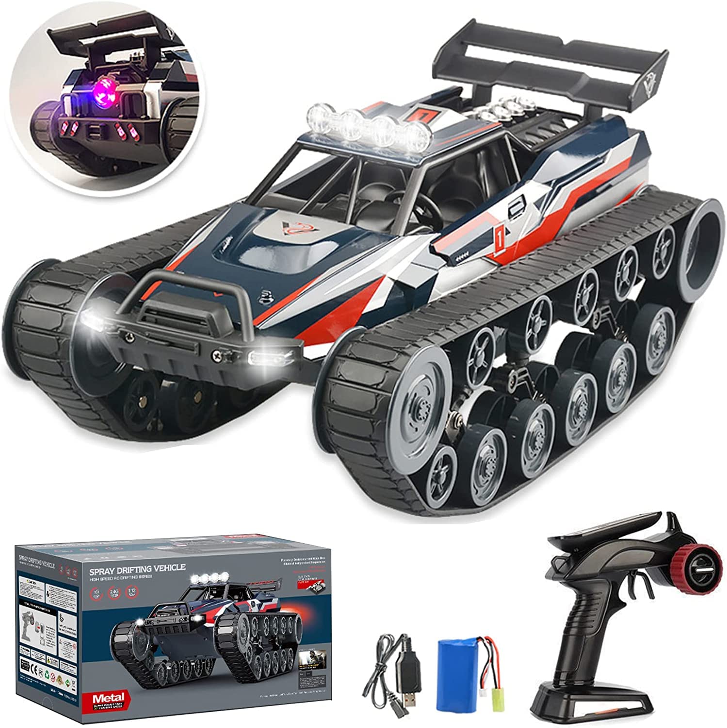 4WD RC Tank 360° Rotation Spray Tank Alloy 2.4G Remote Control Crawler Tank