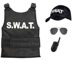 Kids SWAT Costume Police Outfit Bulletproof Vest Glasses Interphone and Hat 4pcs Suit for Cop Cosplay