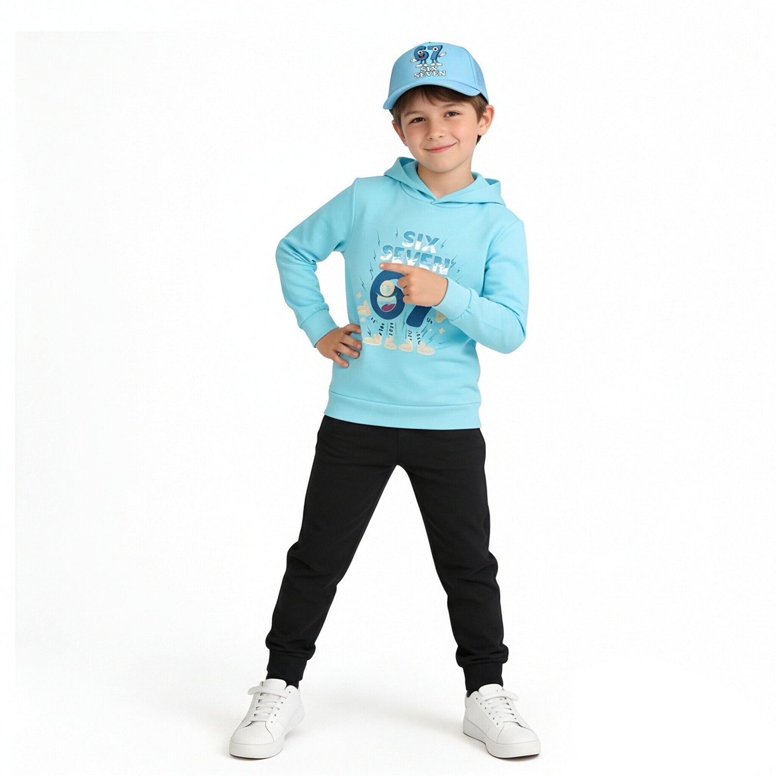 Six-Seven in Steal A Brainrot Costume Hooded Sweatshirt and Cap Trendy Outfit 67 Meme Hoodie for Boys Girls