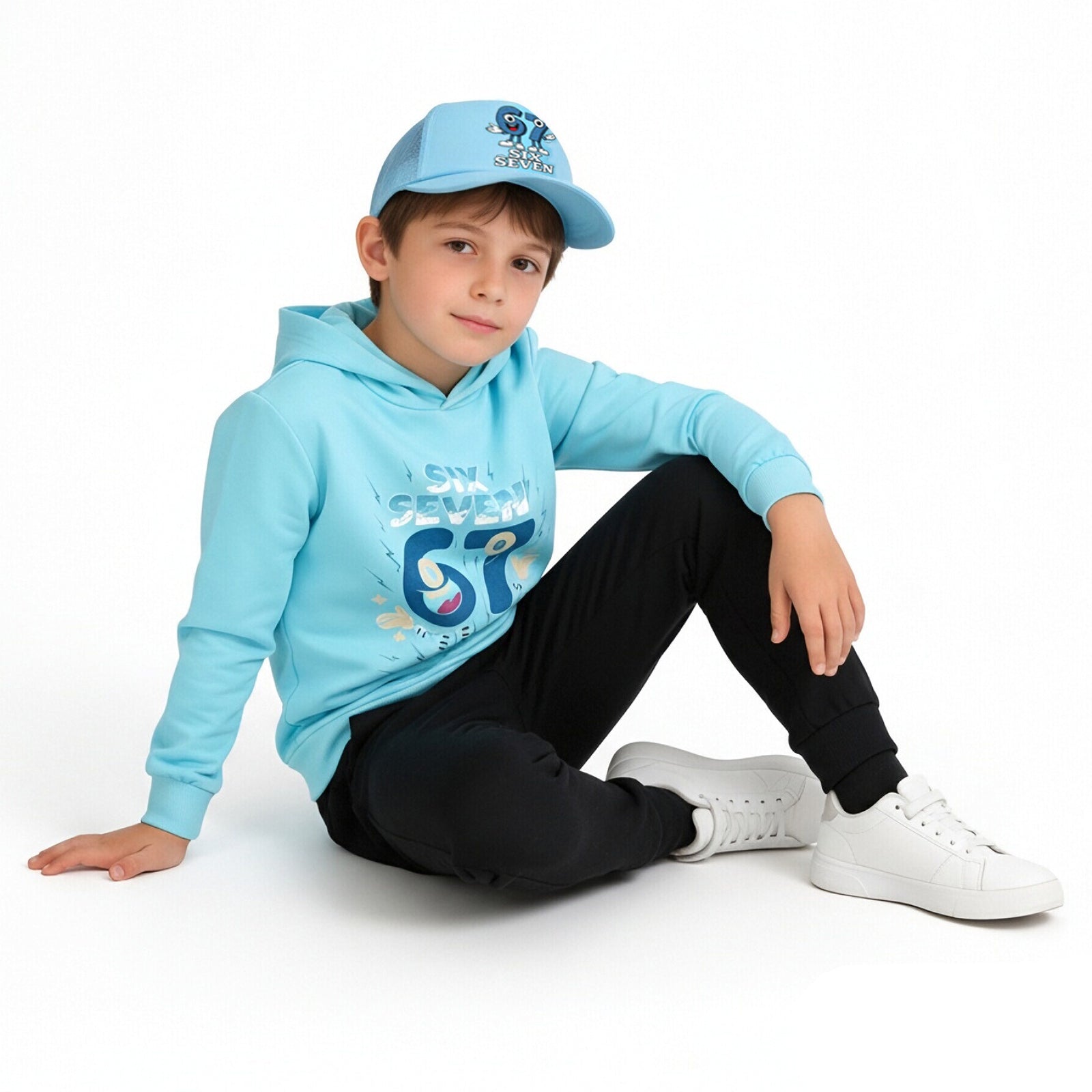 Six-Seven in Steal A Brainrot Costume Hooded Sweatshirt and Cap Trendy Outfit 67 Meme Hoodie for Boys Girls