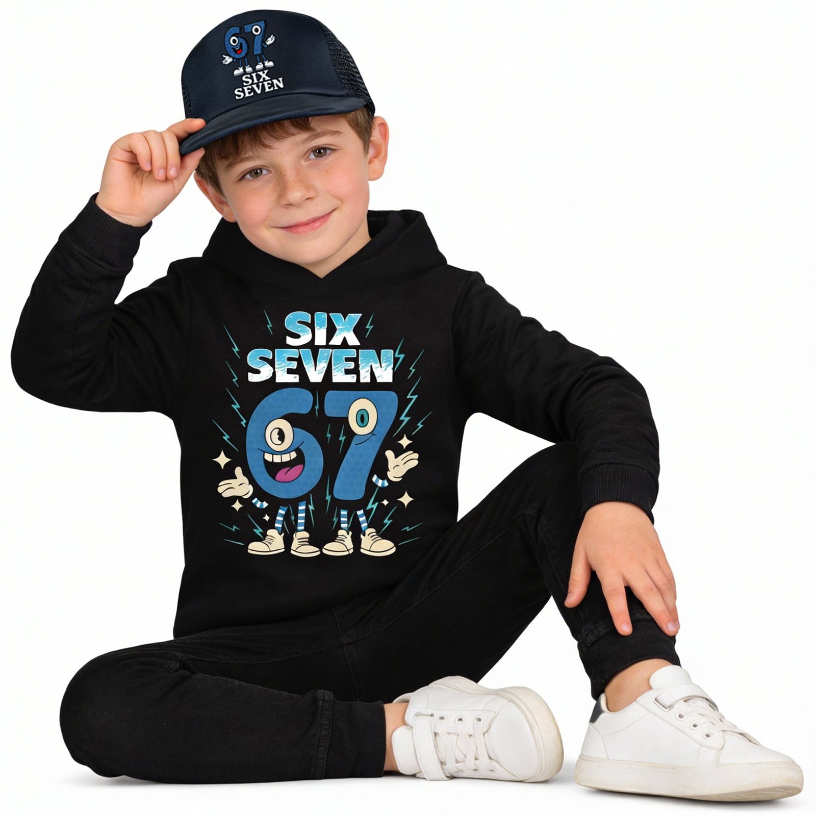 Six-Seven in Steal A Brainrot Costume Hooded Sweatshirt and Cap Trendy Outfit 67 Meme Hoodie for Boys Girls