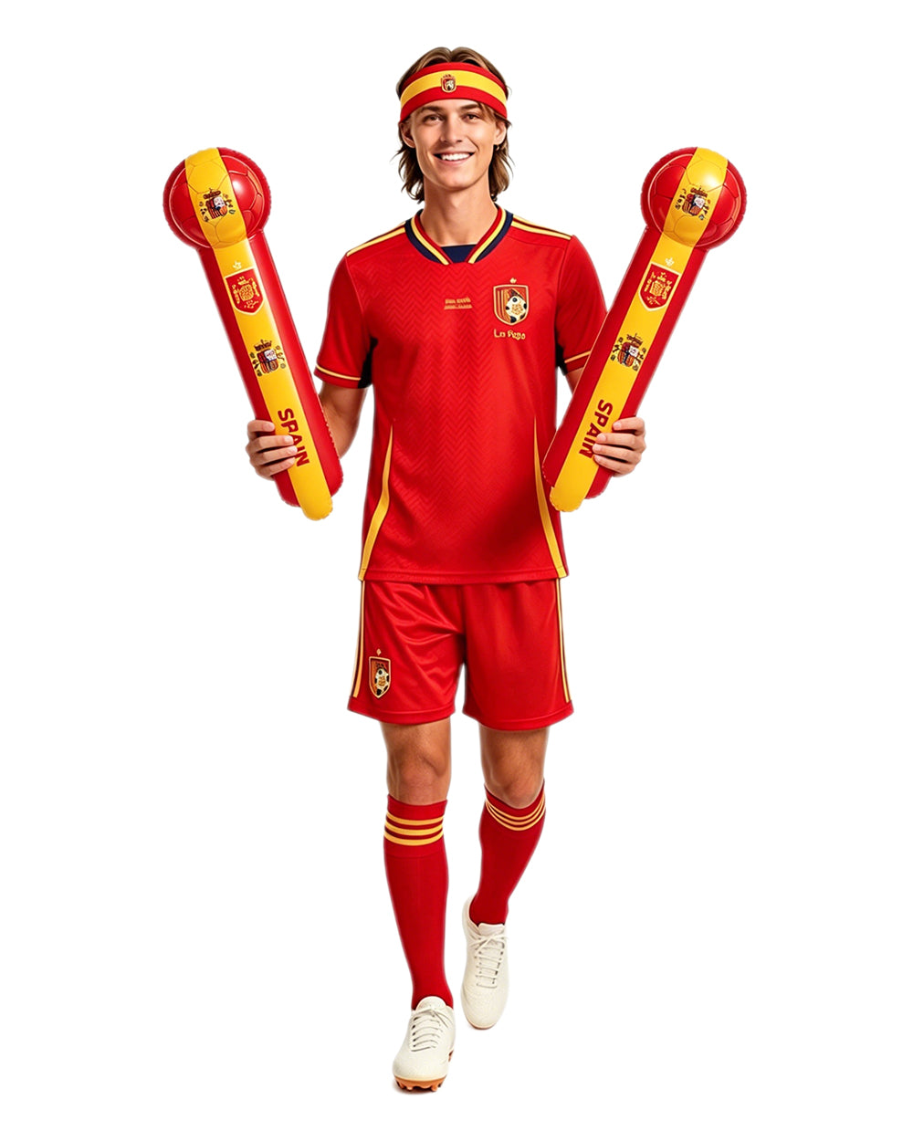 Spain Soccer Jersey Red Football Uniform with Elastic Haedband Inflatable Cheer Sticks for Match Day