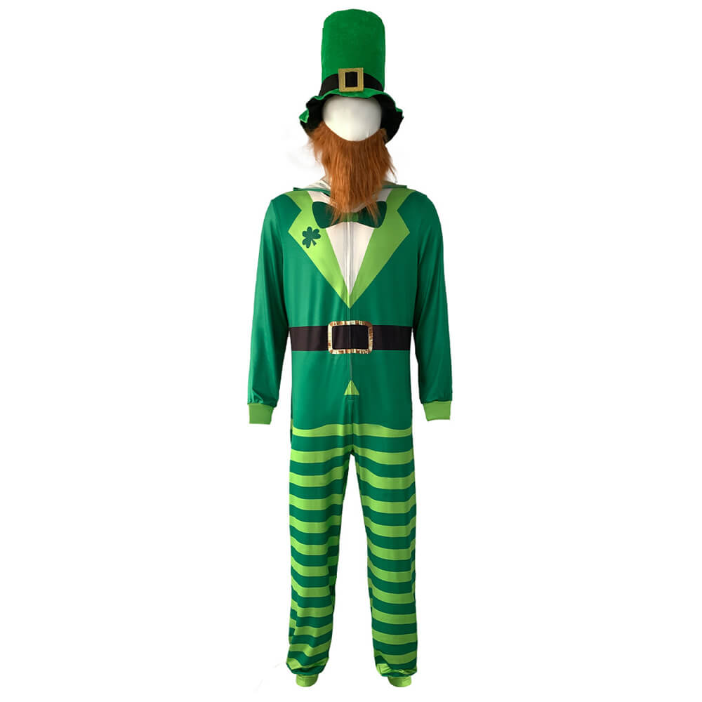 St Patricks Day Outfit Adult Leprechaun Costume Paddys Day Jumpsuit Hat Beard 3pcs Set