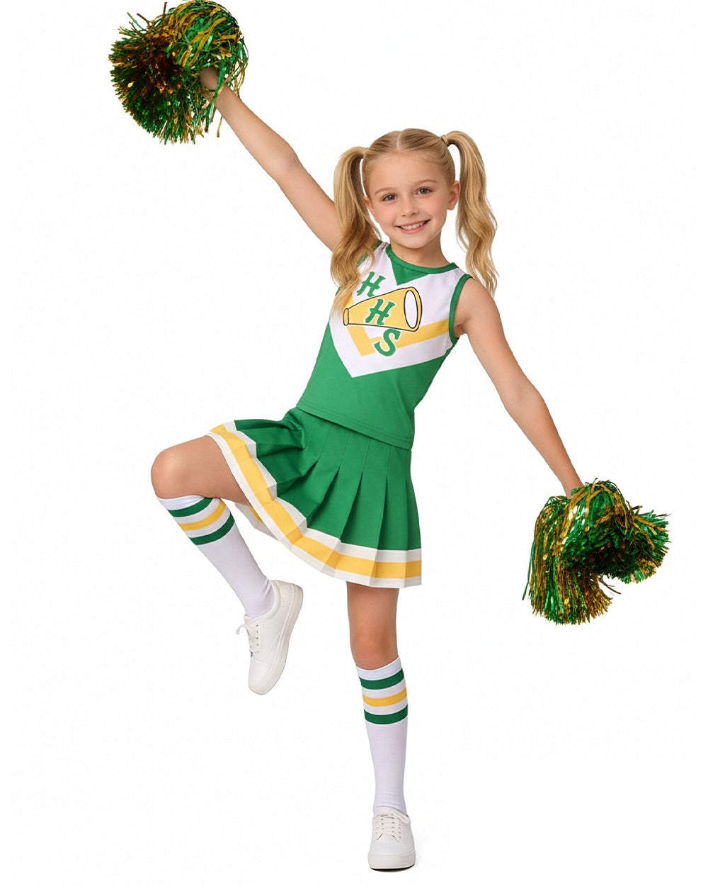 Girls Youth Hawkins Cheerleaders Costume Pom Poms Strange ST4 Green Uniform for Cosplay