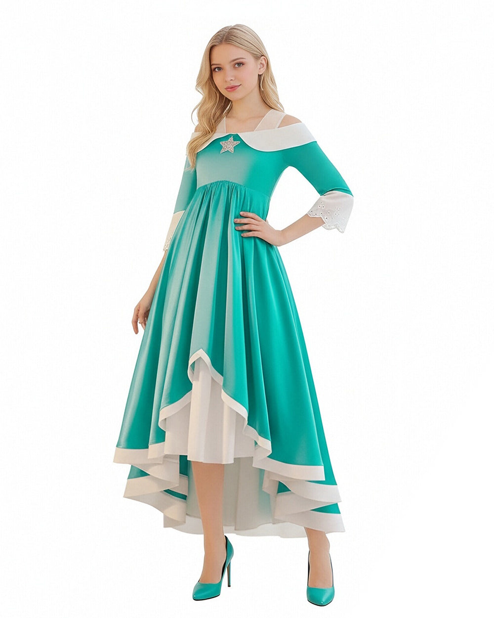 Rosalina Princess Costume Turquoise Satin Off-shoulder Ball Gown with Silver Star High Low Dress