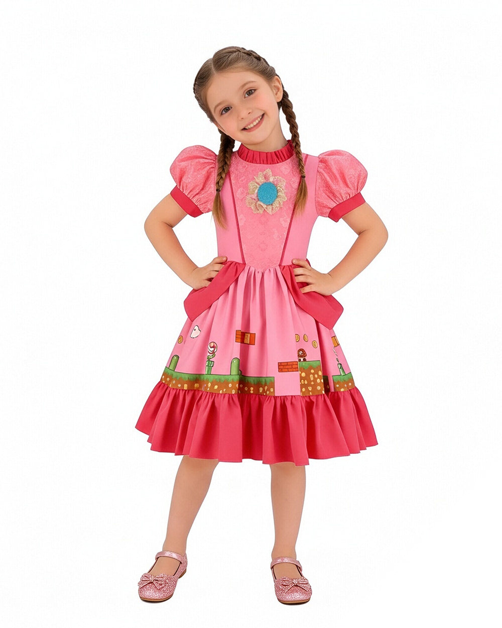 Adventures Princess Dress Pink Floral Chest Lace Gown with Classic Game Scene