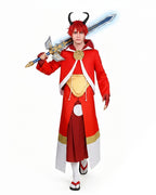 Men's TenSura Movie Benimaru Costume Red Tunic Skirt Suit for Cosplay Themed Party
