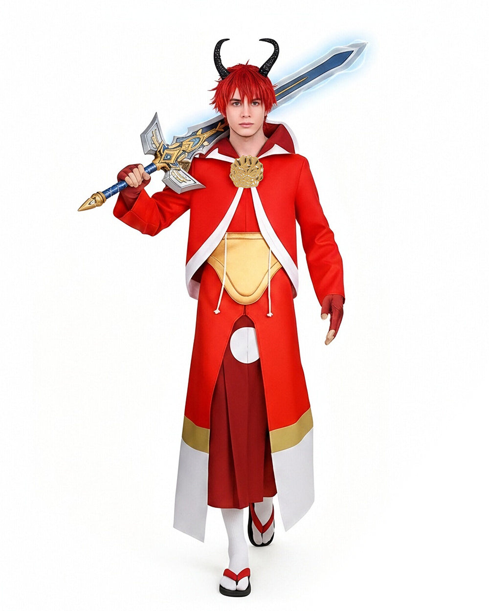 Men's TenSura Movie Benimaru Costume Red Tunic Skirt Suit for Cosplay Themed Party