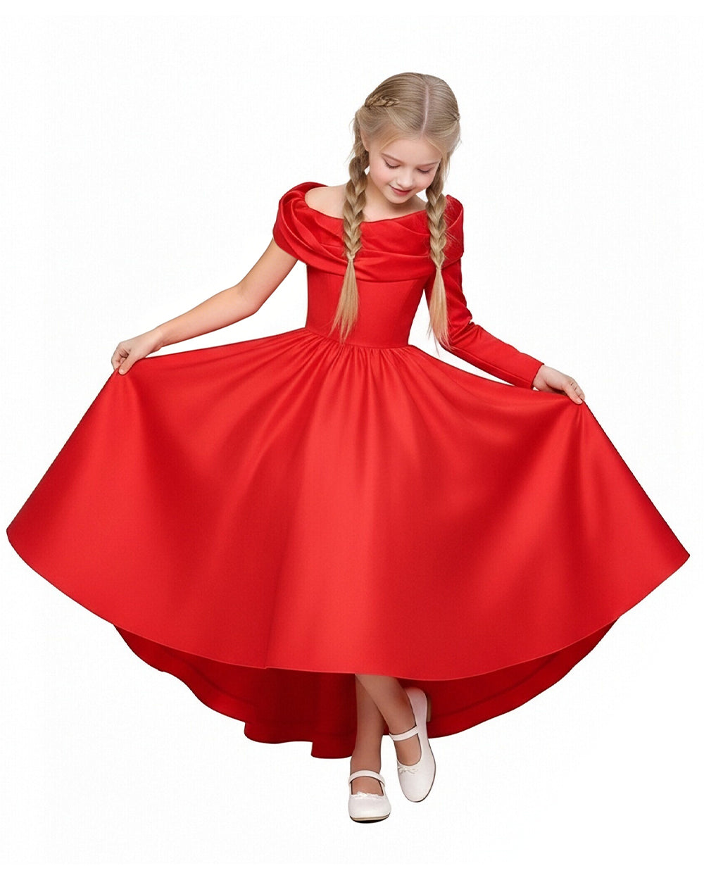Girls Miranda Off Shoulder Formal Dress Red High Low Gown for Cosplay Birthday and Special Occasions