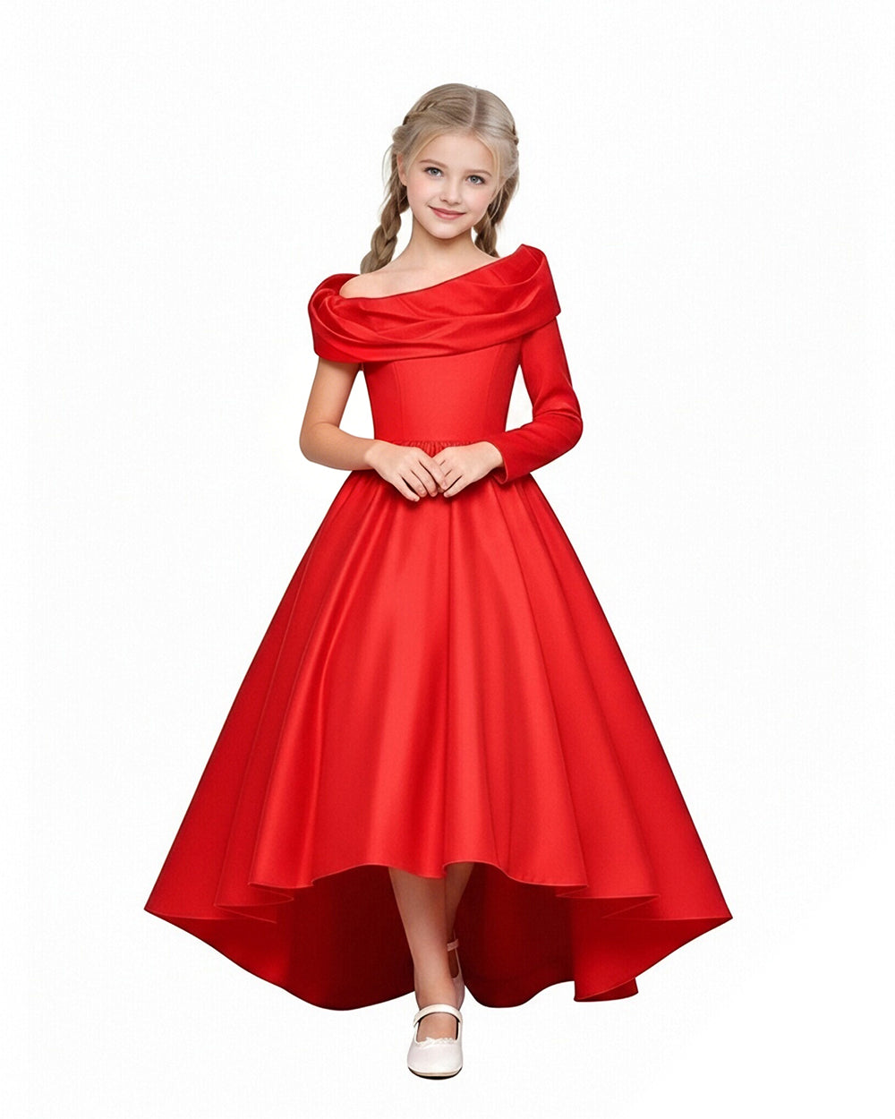Girls Miranda Off Shoulder Formal Dress Red High Low Gown for Cosplay Birthday and Special Occasions