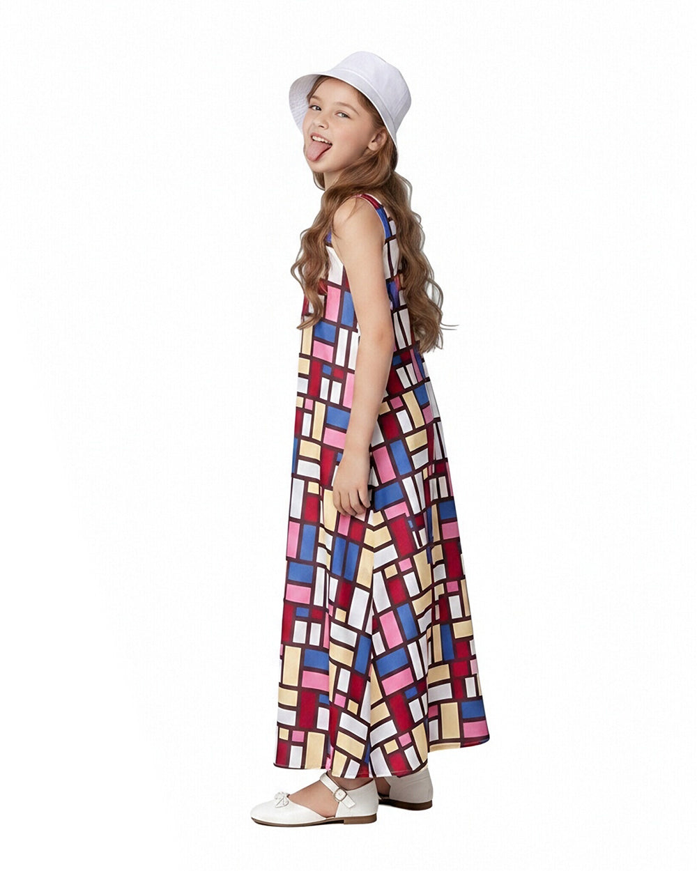 Girls' Andy Color Block Dress Mondrian Sleeveless Summer Sun Dress with Hat Set for Vacation