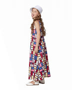 Girls' Andy Color Block Dress Mondrian Sleeveless Summer Sun Dress with Hat Set for Vacation