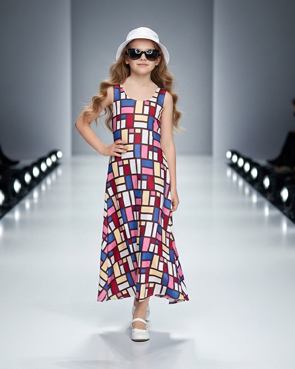 Girls' Andy Color Block Dress Mondrian Sleeveless Summer Sun Dress with Hat Set for Vacation