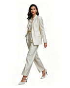 Women‘s Andy White Professional Suit Satin Texture Blazer Wide Leg Pants Belt and Shirt 4pcs Set for Themed Events
