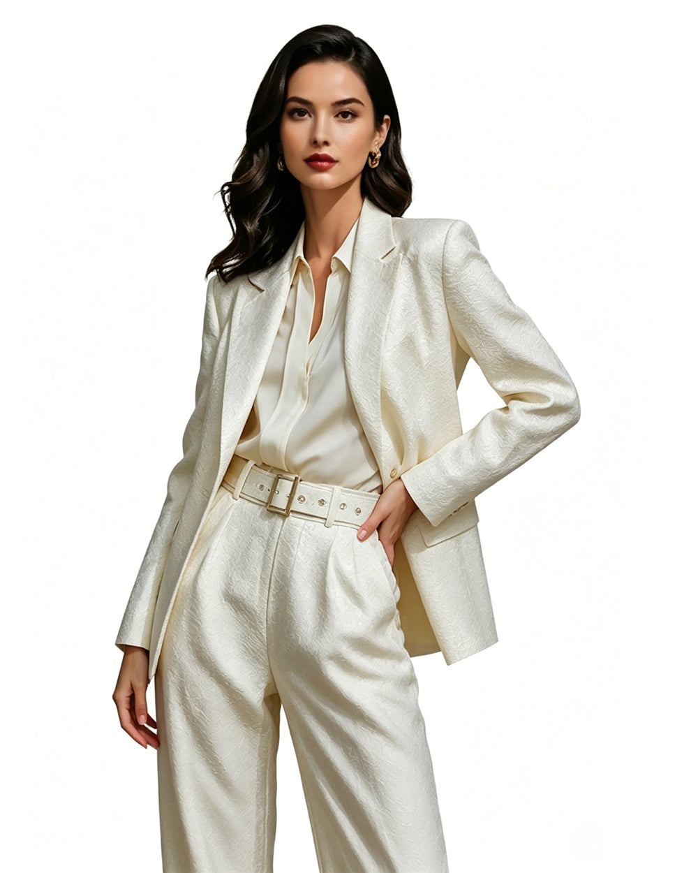 Women‘s Andy White Professional Suit Satin Texture Blazer Wide Leg Pants Belt and Shirt 4pcs Set for Themed Events