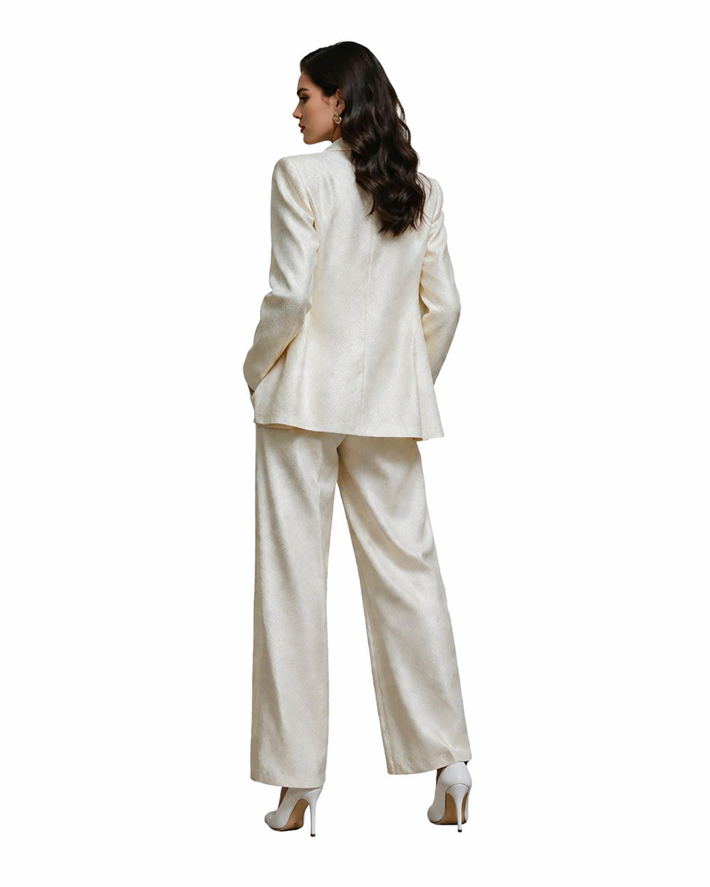 Women‘s Andy White Professional Suit Satin Texture Blazer Wide Leg Pants Belt and Shirt 4pcs Set for Themed Events