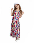 Girls' Andy Color Block Dress Mondrian Sleeveless Summer Sun Dress with Hat Set for Vacation
