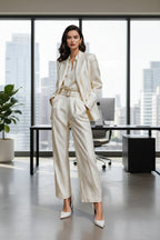 Women‘s Andy White Professional Suit Satin Texture Blazer Wide Leg Pants Belt and Shirt 4pcs Set for Themed Events