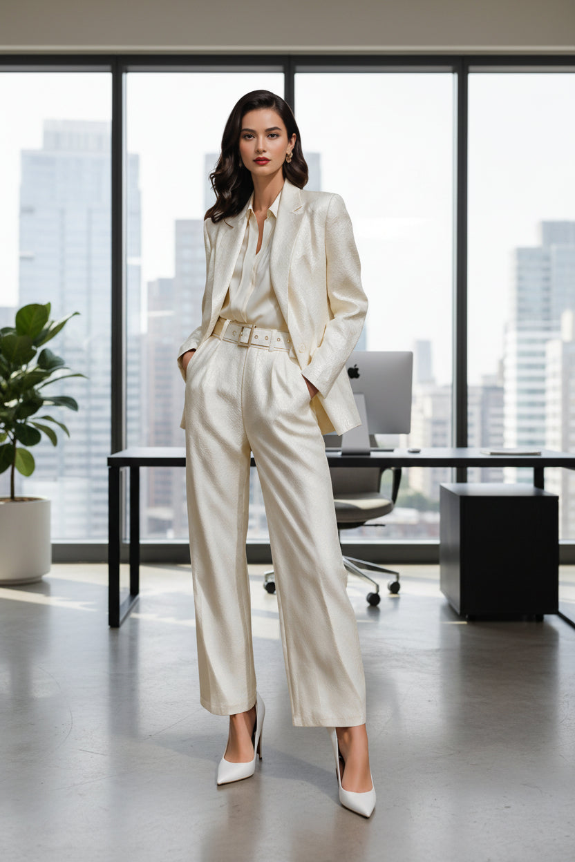 Women‘s Andy White Professional Suit Satin Texture Blazer Wide Leg Pants Belt and Shirt 4pcs Set for Themed Events