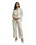Women‘s Andy White Professional Suit Satin Texture Blazer Wide Leg Pants Belt and Shirt 4pcs Set for Themed Events