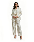 Women‘s Andy White Professional Suit Satin Texture Blazer Wide Leg Pants Belt and Shirt 4pcs Set for Themed Events