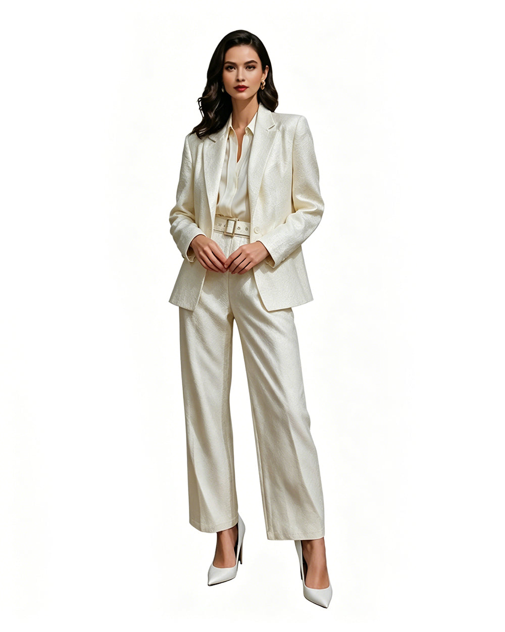 Women‘s Andy White Professional Suit Satin Texture Blazer Wide Leg Pants Belt and Shirt 4pcs Set for Themed Events