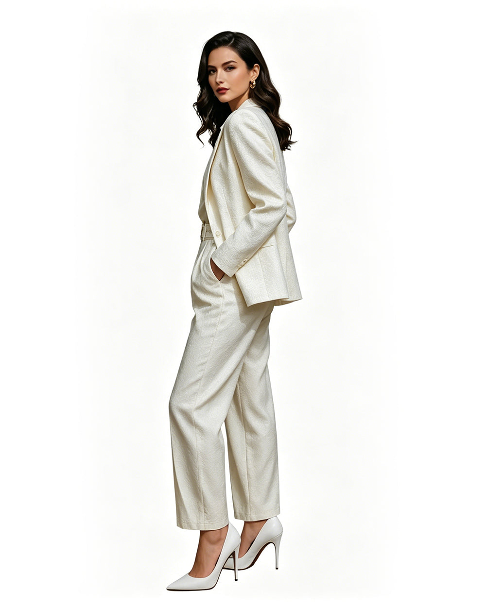 Women‘s Andy White Professional Suit Satin Texture Blazer Wide Leg Pants Belt and Shirt 4pcs Set for Themed Events