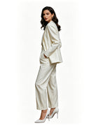Women‘s Andy White Professional Suit Satin Texture Blazer Wide Leg Pants Belt and Shirt 4pcs Set for Themed Events