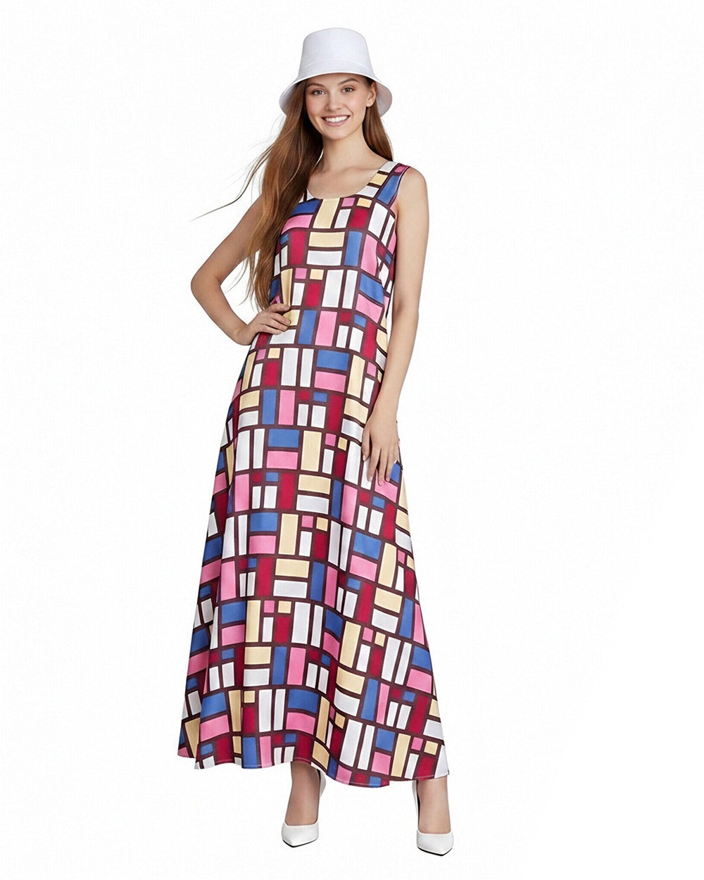 Women's Andy Inspired Mondrian Maxi Dress Sleeveless Color Block Dress with Matching Hat for Daily Wear Summer Vacation