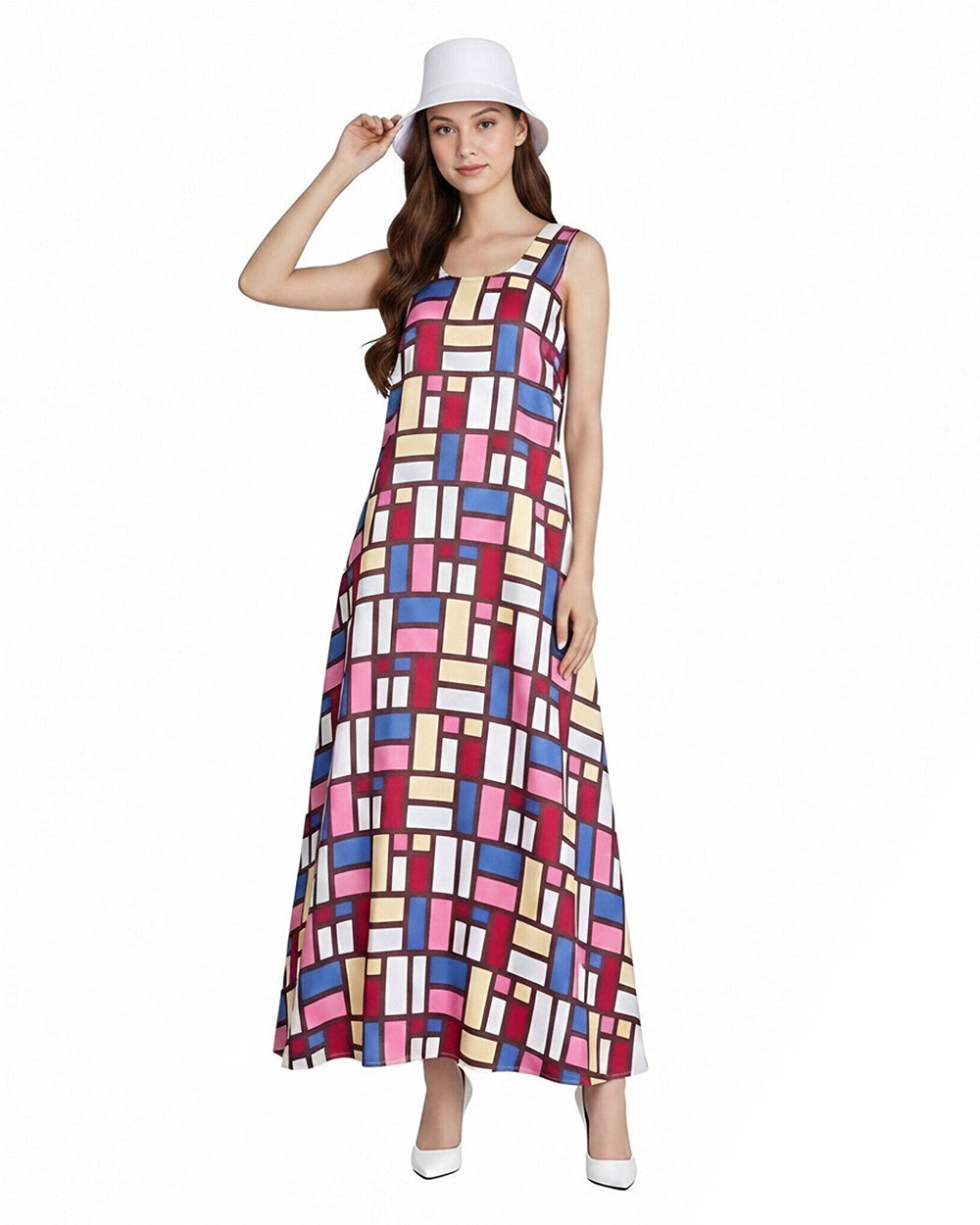Women's Andy Inspired Mondrian Maxi Dress Sleeveless Color Block Dress with Matching Hat for Daily Wear Summer Vacation