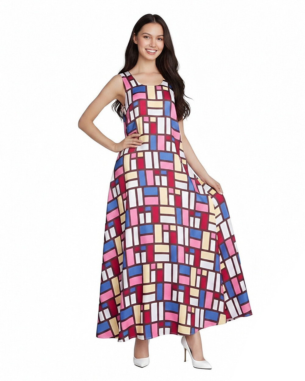 Women's Andy Inspired Mondrian Maxi Dress Sleeveless Color Block Dress with Matching Hat for Daily Wear Summer Vacation