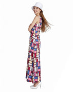 Women's Andy Inspired Mondrian Maxi Dress Sleeveless Color Block Dress with Matching Hat for Daily Wear Summer Vacation