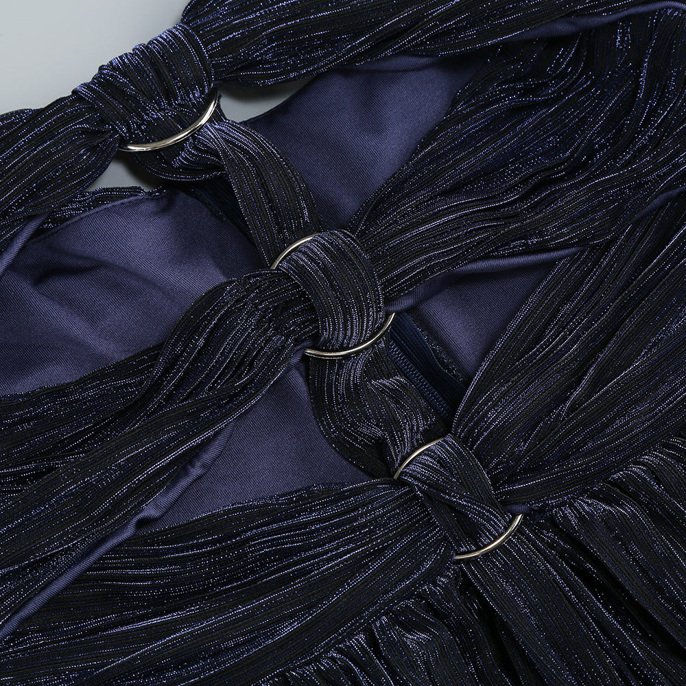 Women's Emily Navy Blue Pleated Maxi Dress with Cut-out Waist and High Slit for Elegant Evening Parties and Formal Galas