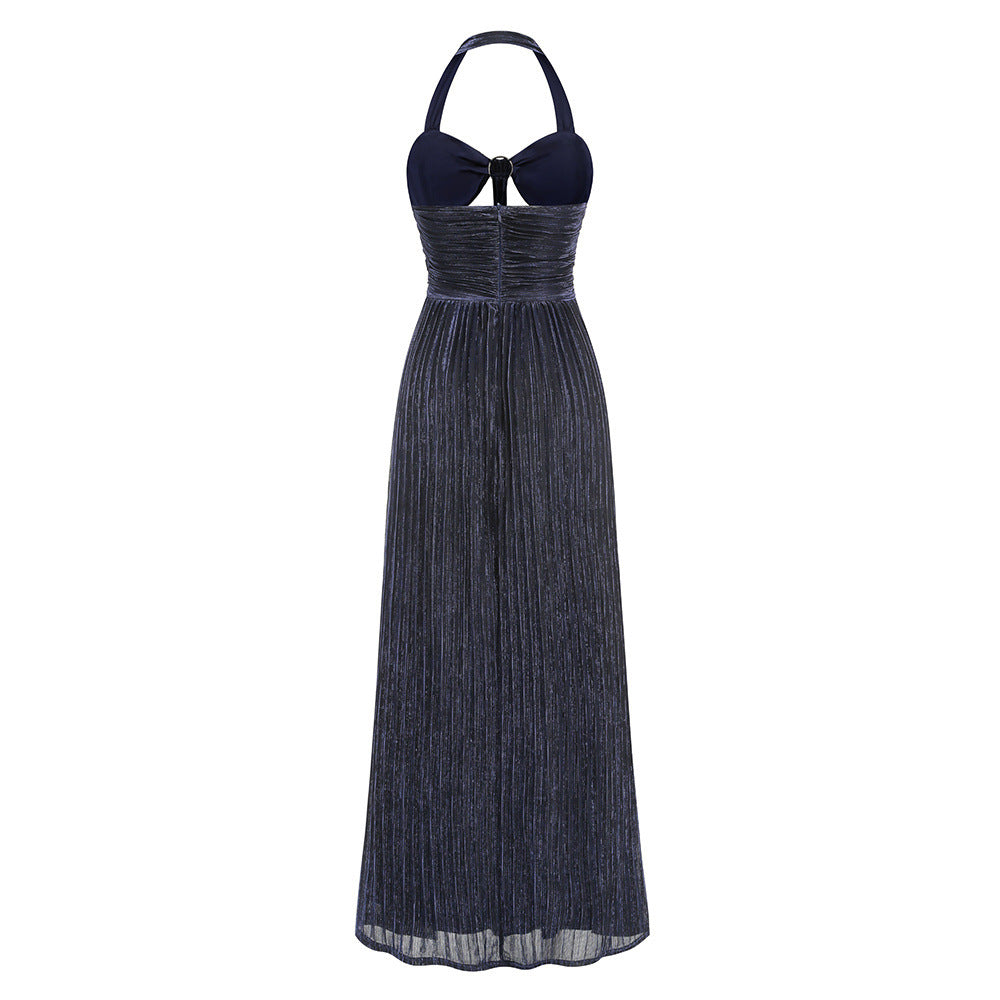 Women's Emily Navy Blue Pleated Maxi Dress with Cut-out Waist and High Slit for Elegant Evening Parties and Formal Galas