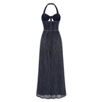 Women's Emily Navy Blue Pleated Maxi Dress with Cut-out Waist and High Slit for Elegant Evening Parties and Formal Galas