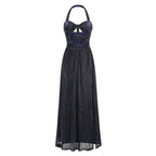 Women's Emily Navy Blue Pleated Maxi Dress with Cut-out Waist and High Slit for Elegant Evening Parties and Formal Galas