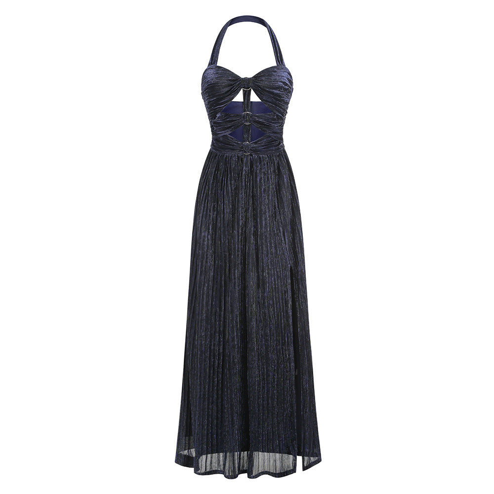 Women's Emily Navy Blue Pleated Maxi Dress with Cut-out Waist and High Slit for Elegant Evening Parties and Formal Galas
