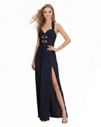 Women's Emily Navy Blue Pleated Maxi Dress with Cut-out Waist and High Slit for Elegant Evening Parties and Formal Galas