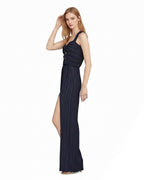 Women's Emily Navy Blue Pleated Maxi Dress with Cut-out Waist and High Slit for Elegant Evening Parties and Formal Galas