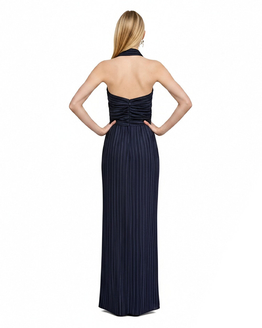 Women's Emily Navy Blue Pleated Maxi Dress with Cut-out Waist and High Slit for Elegant Evening Parties and Formal Galas