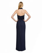 Women's Emily Navy Blue Pleated Maxi Dress with Cut-out Waist and High Slit for Elegant Evening Parties and Formal Galas