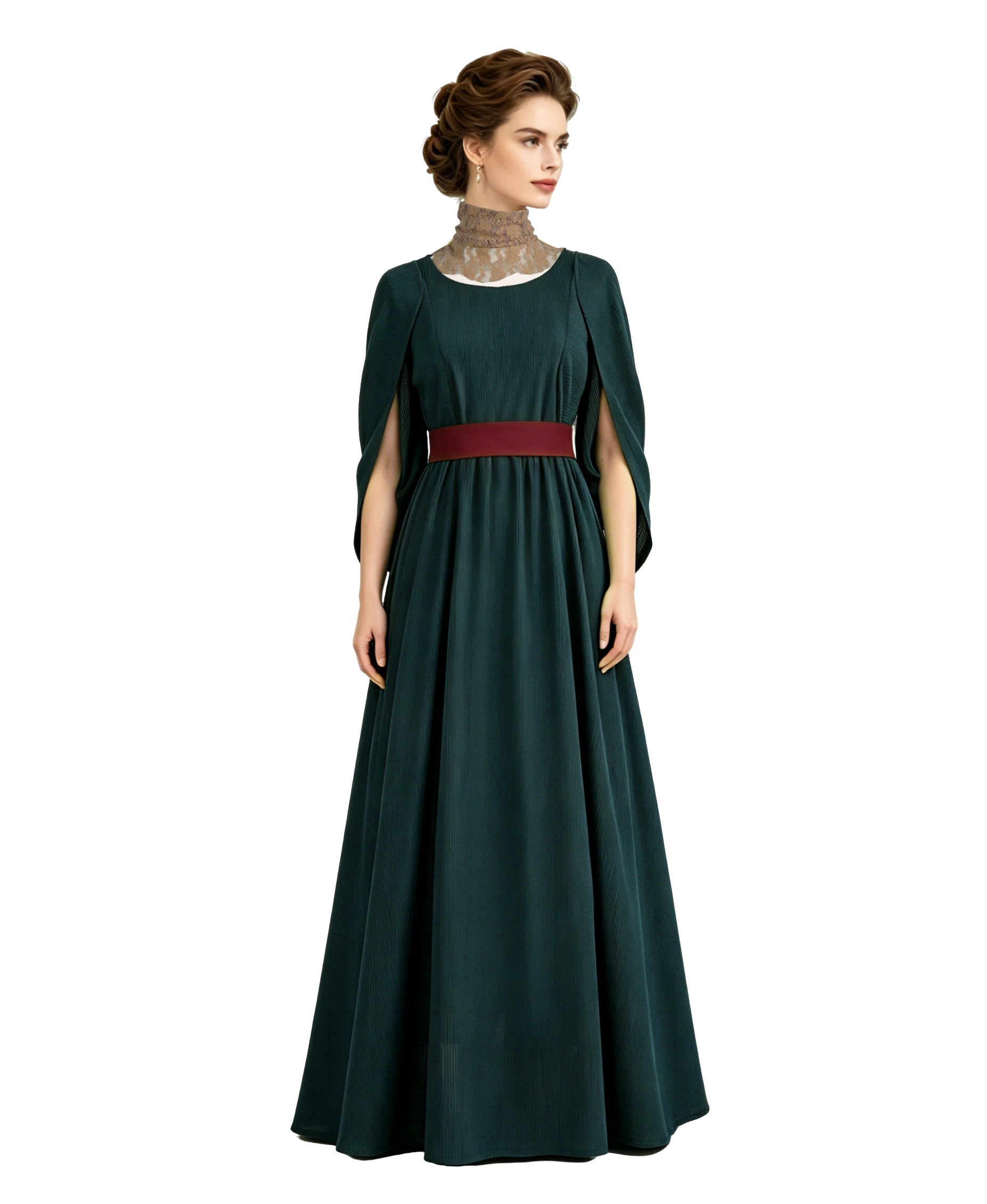 Women Ancient Greek Queen Dress Dark Green Flowing Toga Gown with Lace Collar and Belt for Halloween Cosplay