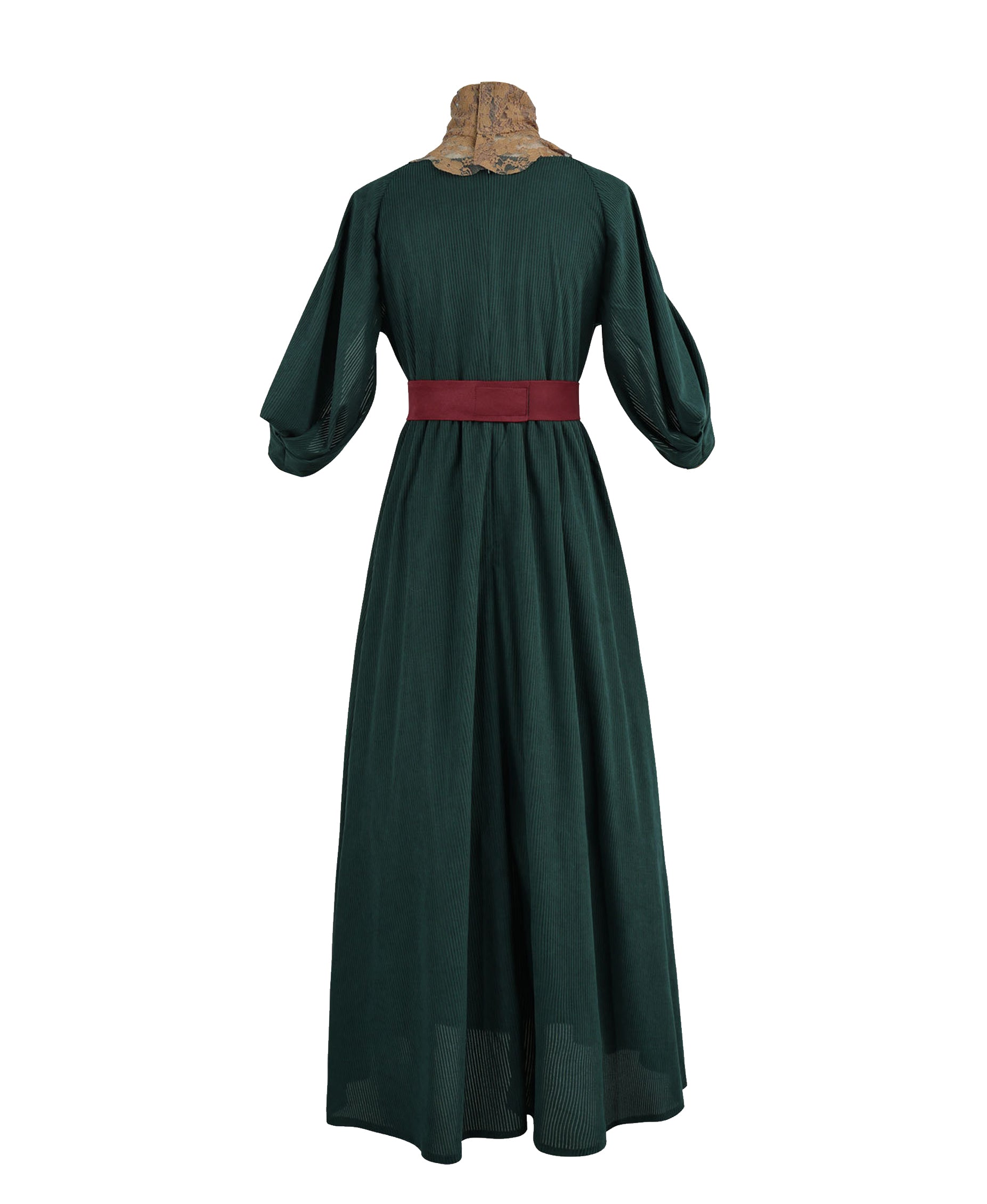 Women Ancient Greek Queen Dress Dark Green Flowing Toga Gown with Lace Collar and Belt for Halloween Cosplay