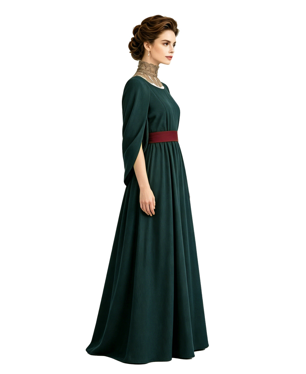 Women Ancient Greek Queen Dress Dark Green Flowing Toga Gown with Lace Collar and Belt for Halloween Cosplay